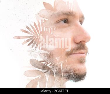 Paintographie. Ein Gemälde aus Blättern kombiniert mit einem Porträt eines jungen Mannes Stockfoto