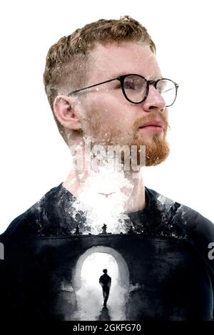 Ein Porträt eines Mannes kombiniert mit einer Zeichnung. Paintographie. Stockfoto