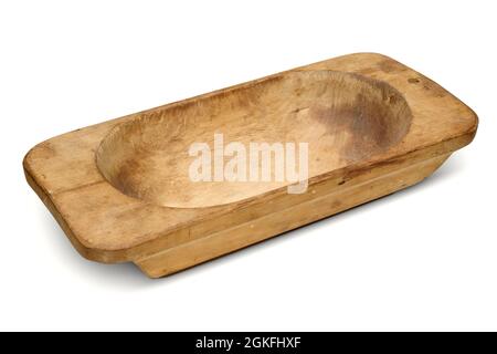 Isolierte Objekte: Leere alte hölzerne Waschwanne, auf weißem Hintergrund Stockfoto