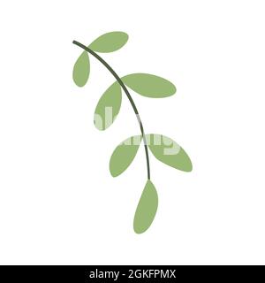 Niedlicher grüner Zweig mit ovalen Blättern. Doodle-Stil. Einfache flache Herbstikone. Stilisiertes Element, Clipart, Objekt, Gegenstand, Aufkleber für Poster, Karte, Banner Stock Vektor
