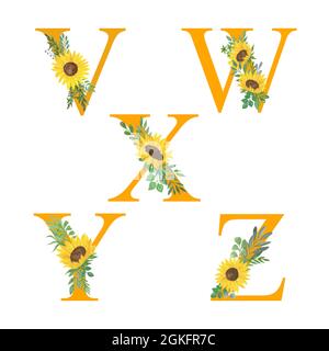 ABC, Buchstaben des Alphabets mit Sonnenblumen und Blättern verziert, florale Monogramm Aquarell-Illustration in einfachen handbemalten Stil, Sommer Blumen dekorativen Schriftzug Stockfoto