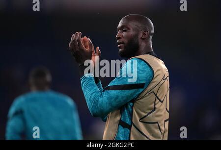 Chelsea's Romelu Lukaku applaudiert den Fans vor dem UEFA Champions League-Spiel der Gruppe H in Stamford Bridge, London. Bilddatum: Dienstag, 14. September 2021. Stockfoto