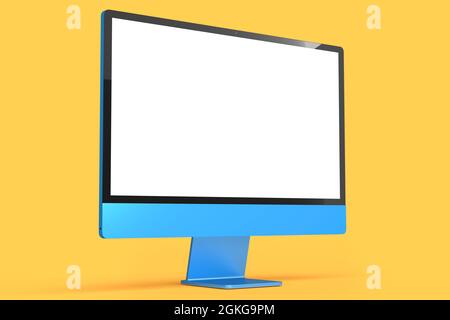 Realistisches blaues Computerdisplay mit Tastatur und Maus auf orangefarbenem Hintergrund. 3D-Rendering des Monitors für den Heimstudio-Arbeitsplatz Stockfoto