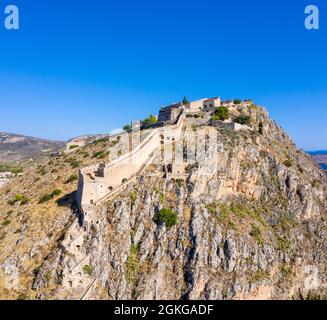 Die Festung Palamidi in Nafplio auf dem Hügel über der Stadt in Griechenland. Stockfoto