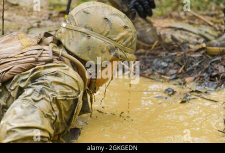 OKINAWA, Japan (Apr. 15, 2021) Seekühe mit dem Naval Mobile Construction Bataillon (NMCB) 4 und Marines mit dem 9. Engineer Support Bataillon manövrieren durch einen Kurs im Jungle Warfare Training Center. NMCB-4 mit Sitz in Port Hueneme, Kalifornien, ist im gesamten Indo-Pazifik-Raum im Einsatz, um Engineering-Lösungen und den Bau von Expeditions- und fortgeschrittenen Marinestützpunkten für Naval- und Joint Force-Kommandeure bereitzustellen. Stockfoto