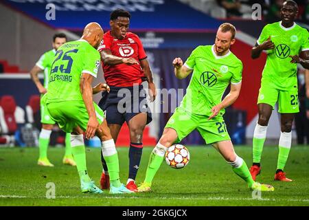 Lille, Frankreich, 14. September 2021, Jonathan DAVID aus Lille und Maximilian ARNOLD aus Wolfsburg während des UEFA Champions League-, Gruppen-, Gruppen-G-Fußballspiels zwischen Lille OSC (LOSC) und Verein für Leibesubungen Wolfsburg am 14. September 2021 im Pierre Mauroy-Stadion in Villeneuve-d'Ascq, Frankreich - Foto: Matthieu Mirville/DPPI/LiveMedia Stockfoto