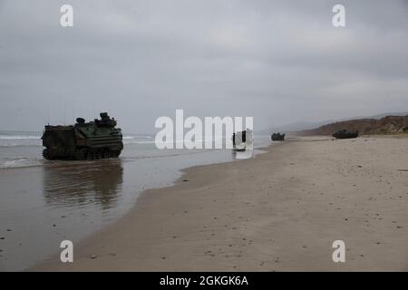 US-Marineinfanteristen mit dem 3. Angriffs-Amphibienbataillon, 1. Marine Division, bereiten Angriffs-Amphibienfahrzeuge (AAV) für wassergestützte Einsätze im offenen Ozean im Marine Corps Base Camp Pendleton, Kalifornien, 16. April 2021 vor. Die Schulung festigte das Vertrauen und Vertrauen in die Fähigkeiten der AAV-Crew-Mitglieder und erzwungene Verfahren zur Prüfung der Wasserintegrität. Stockfoto