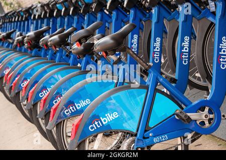 Mehrere Citibike-Fahrräder parkten an einer Station in Astoria, Queens, New York City Stockfoto