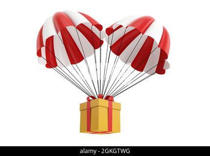 Zwei Fallschirme mit einer gelben Geschenkbox und einem roten Band. 3D-Darstellung auf weißem Hintergrund Stockfoto