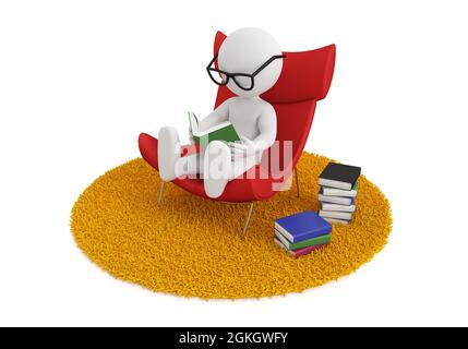 weiße Menschen in 3d lesen ein Buch im Stuhl, isolierter weißer Hintergrund, 3d-Bild Stockfoto