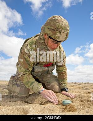 Personal Sgt. John Olivas, 79. EOD Bn., 704. EOD Co., enthüllen vorsichtig eine simulierte Mine während des EOD Team of the Year Wettbewerbs 2021. An dem Wettbewerb auf dem Pinion Canyon Maneuve Site, Colorado, nahmen zwölf der besten EOD-Teams Teil, die drei Bataillone, 11 Basen und acht Bundesstaaten repräsentierten. Stockfoto