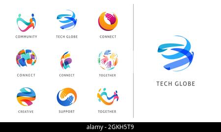 Logo-Set, kreativ, Technologie, Biotechnologie, Tech-Ikonen Konzept-Design. Farbenfrohe, abstrakte Logos von Kreativität, Gemeinschaft, Ideen und Unterstützung Stock Vektor
