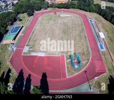 PETERBOROUGH, GROSSBRITANNIEN - 6. SEPTEMBER 2021. Eine Luftaufnahme der Peterborough Athletics Arena und des Sportclubs Stockfoto