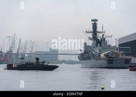 Die schwedische Navy Saab CB90 Next Generation Combat Boat Assault Craft wird im Victoria Dock, Newham, London, Großbritannien, für DSEI vorgeführt. HMS Argyll Stockfoto