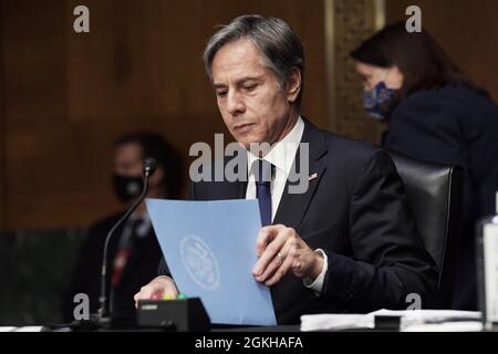 Washington, Usa. September 2021. Staatssekretär Antony Blinken bezeugte vor dem Senatsausschuss für Auswärtige Beziehungen während der Anhörung über die „Prüfung des Austritts der USA aus Afghanistan“ im Senate Dirksen Office Building in Washington. Kredit: SOPA Images Limited/Alamy Live Nachrichten Stockfoto