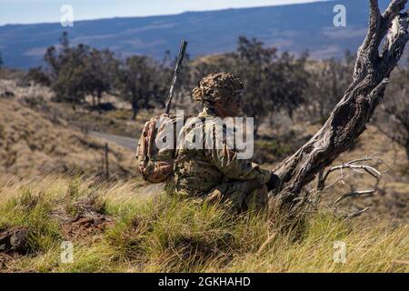 Capt. Nestor Reyes, Kommandant der Blackfoot-Truppe, 3. Squadron, 4. Kavallerieregiment, 3. Infanterie-Brigade-Kampfteam, 25. Infanterie-Division, beobachtet seine Soldaten am 22. April 2021 während der Aufklärungswege der Pfadfindersektion im Trainingsgebiet Pohakuloa, Hawaii. Die Spuren bestanden aus trockenen, leeren und Live-Feuer-Iterationen, die die Fähigkeit des Pfadfinderabschnitts testeten, gegnerische Ziele erfolgreich zu identifizieren, zu engagieren und zu zerstören. Stockfoto