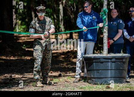 Col. Timothy R. Dremann, Mitarbeiter des Marine Corps Depot Parris Island Chief of Staff, schneidet das Band und begrüßt die Besucher beim Naturspaziergang während einer Zeremonie auf dem Marine Corps Recruit Depot Parris Island, S.C., 22. April 2021. Diese Zeremonie findet auf den Flügeln des Depots statt, das 2021 den Secretary of the Navy Environmental Award erhielt, der das Depot für seine Exzellenz bei der Integration von Bemühungen um ökologische und betriebliche Nachhaltigkeit und der Minderung der Auswirkungen von Sturmfluten und dem Anstieg des Meeresspiegels bis 2065 ausgab. Stockfoto