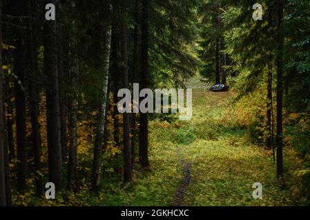 Ein altes Metallboot wird in der Herbstsaison mit eigenen Händen am Ufer des Sees gebaut. Stockfoto