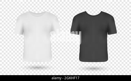 Realistische Mann T-Shirts Mockups mit Frontansicht. Schwarze, weiße T-Shirts mit kurzen Ärmeln. Legere Kleidung Vorlage Design mit voll bearbeitbar Stock Vektor