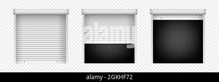 Satz Rolltor. Öffnen und Schließen der Rollladenklappen. Metall-Industrie-Rolltore für Sicherheit Dekoration Design Stock Vektor