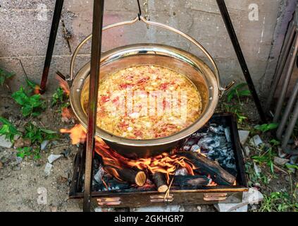 Topf mit Gemüsekessel über offenem Feuer, Zubereitung von Eintopf auf Holzgrill, Kochen im Freien Stockfoto