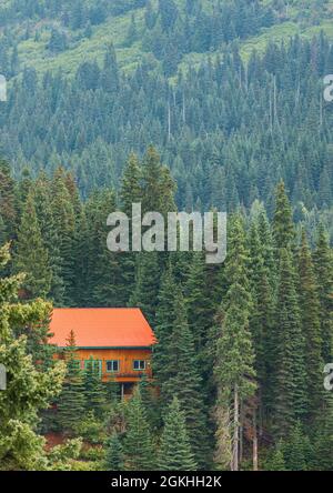 Holzhaus im tiefen Wald an den Bergen. Am frühen Morgen hoch in den Bergen mit Nebel. Stockfoto