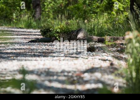 Marine Raiders trainieren in Stalking und Verheimlichung, während sie am MARSOF Advanced Sniper Course im Camp Lejeune, N.C., 27. April 2021, teilnehmen. MASC wurde entwickelt, um Operatoren mit kritischen Fähigkeiten oder SOF-äquivalentes MOS-Personal in Präzisionsgewehrfeuer zu Schulen, um SOF-Operationen zu unterstützen. Die Schulung dient der Vermittlung grundlegender und fortgeschrittener Kampftechniken, spezieller Aufklärungsfähigkeiten, Gegen-Scharfschützen-Techniken, Luftoperationen und Nahaufnahmen. Stockfoto