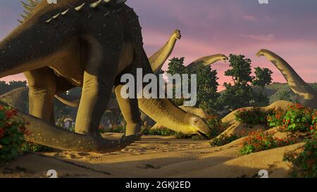 Alamosaurus, Gruppe von Dinosauriern aus der späten Kreidezeit bei Sonnenaufgang, 3d-Wissenschaft Render Stockfoto