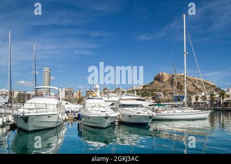 Boote in der Marina von Alicante mit der Burg von Santa Barbara im Hintergrund Stockfoto