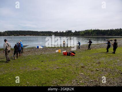 Mitarbeiter des Naval Facilities Engineering Systems Command Northwest, der Geological Survey Marrowstone Marine Field Station der Vereinigten Staaten und anderer Organisationen ziehen während einer Strandseilung im Naval Magazine Indian Island in Port Hadlock, Washington, am 29. April 2021 ein Netz ein. Das Fangnetz, das über ein kleines Boot bereitgestellt und von Mitarbeitern ans Ufer gezogen wird, fängt verschiedene Organismen des pazifischen Nordwestens. Stockfoto