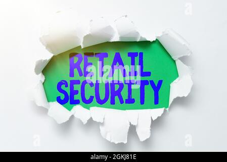 Schreiben mit Text Retail Security. Konzept Bedeutung Prozess, welche Waren an die Öffentlichkeit verkauft in einer sicheren Art und Weise reißen auf Blatt enthüllt Hintergrund Stockfoto