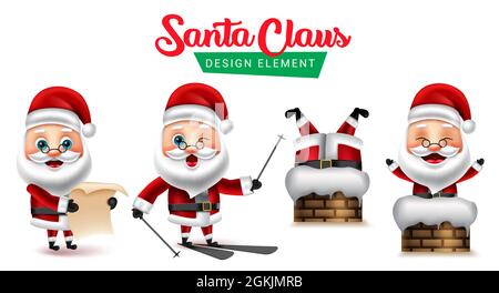 Santa claus Vektor-Design-Element-Set. weihnachtsmann Charakter in Lesen Wunschliste, stecken in Kamin und Skating-Aktivität Pose und Gesten für Weihnachten. Stock Vektor