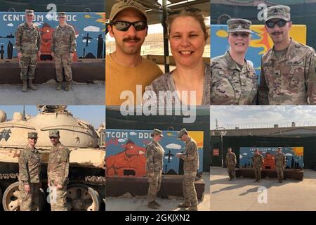 Fotolillustration von Fotografien des Meisters der North Carolina Air National Guard, Sgt. Patricia Haynes und ihr Sohn, North Carolina Army National Guard Sgt. Colton Haynes, Einsatz nach Camp Arifjan, Kuwait Anfang 2020 zur Unterstützung der Operation des US-Zentralkommandos inhärente Entschlossenheit Fortsetzung einer militärischen Familientradition aus der amerikanischen Revolution. (Gestiftete Fotos/Foto-Illustration North Carolina National Guard Public Affairs/veröffentlicht) Stockfoto