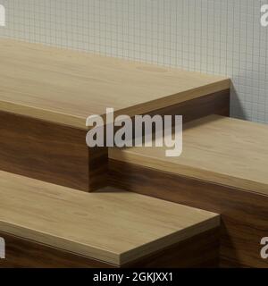 Leerer Küchentisch aus Holz oder Bühne mit Keramikwand für Produktbanner oder Promo. 3D-Illustration Stockfoto