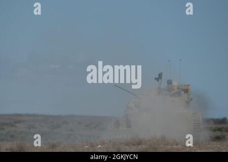 Ein Kampffahrzeug der Idaho Army National Guard Bradley dreht sich auf der Schießstand-Strecke in Richtung Startposition. Die Charlie Company vom Kampfteam der 116. Kavalleriebrigade begann am Morgen des 1. Mai 2021 mit dem jährlichen Training. Die Männer und Frauen von C Company absolvierten eine erfolgreiche und herausfordernde jährliche Ausbildung im OCTC. Die Einheit vervollständigte Bradley Gunnery Table VI und qualifizierte 11 Bradley-Crews. Die abtaufenden Infanterieeinheiten absolvierten ihre Qualifikation für alle sechs Kader. Die Trainingsübung während des Feldzuges beinhaltete situationsbezogene Herausforderungen, um heruntergefahrene Fahrzeuge zu erholen sowie med Stockfoto