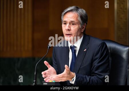 Washington, Usa. September 2021. US-Außenminister Antony Blinken spricht bei einer Anhörung des Senats für Auswärtige Beziehungen. Kredit: SOPA Images Limited/Alamy Live Nachrichten Stockfoto