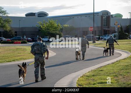 22nd Security Forces Squadron Military Working Dogs und Handler nehmen an einer National Police Week Teil, die am 13. Mai 2021 auf der McConnell Air Force Base, Kansas, stattfand. Die National Police Week auf der McConnell AFB beinhaltete eine Vielzahl von Veranstaltungen wie eine Wachmontagezeremonie, eine K-9-Demonstration und ein Frühstück mit Beamten, die gefallene Polizeibeamte der Vergangenheit und Gegenwart erkannten. Stockfoto