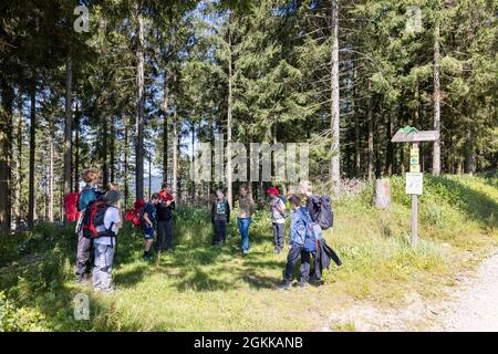 Baiersbronn, Deutschland. August 2021. Die Erzieherin Svenja Fox (4. Von rechts) begrüßt die Junior Rangers zu einem Ausflug mit Übernachtung. Kinder im Alter von fünf bis zwölf Jahren können Junior Rangers im Nationalpark sein. In kleinen Gruppen lernen sie die Grundlagen über Natur und Tiere, später lernen sie unter anderem über die Kologie, warum der Nationalpark existiert und wie man sich mit Karte und Kompass orientiert. Quelle: Philipp von Ditfurth/dpa/Alamy Live News Stockfoto