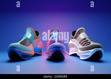 3d-Illustration Set aus drei verschiedenen futuristischen Sneakers. Bunte Sneaker mit Schaumstoffsohlen und Verschluss unter Neonfarbe auf blauem Hintergrund. Sneake Stockfoto