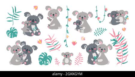 Koala Familie im Dschungel. Koala Eltern mit Babys in Blättern, Lianen und Blumen. Vektorgrafik isoliert auf weißem Hintergrund Stock Vektor