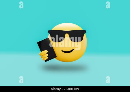 3D-Illustration, Bright Happy cool Selfie Face Emoji Social Media Ausdruck und Meme Stockfoto