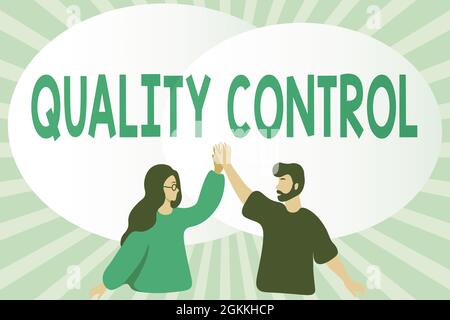 Qualitätskontrolle für handschriftlichen Text. Konzeptfoto ein System zur Einhaltung von Standards in hergestellten Produkten Glückliche Kollegen Illustration Geben Stockfoto