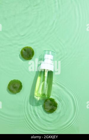 Kosmetische Flaschenbehälter mit centella asiatica (gotu Kola) Extrakt auf transparenter, klarer, grüner, ruhiger Wasserstruktur. Leeres Etikettenpaket für das Branding Stockfoto