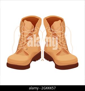 Paar Militärstiefel, Bergreiseschuhe im Cartoon-Stil isoliert auf weißem Hintergrund. Legere Lederschuhe für den Herbst. Vektorgrafik Stock Vektor