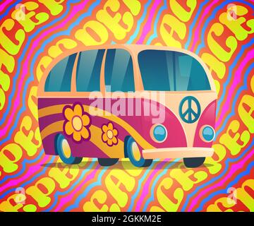 Hippie-Bus mit Peace and Love Label und Blumen. Pinkfarbener Vintage-Van, Retro-Wagen der 60er Jahre auf farbenfrohem psychedelischem Hintergrund. Woodstock Musikfestival, Hippie-Kultur, Cartoon-Vektor-Illustration Stock Vektor