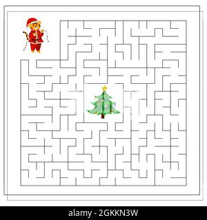 Ein logisches Spiel für Kinder. Vervollständige das Labyrinth. Ein Tiger im neuen Jahr, ein Tiger zu Weihnachten. Vektor Stock Vektor