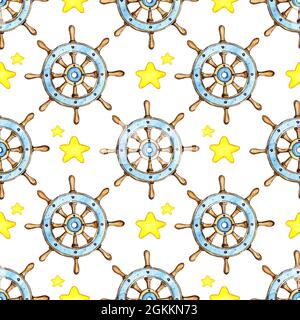 Aquarell Gemälde Muster von Vintage Holzschiff Lenkrad und Sterne. Seereise, Segeln. Rad mit Griffen, Schonersteuerung. Isoliert über Stockfoto