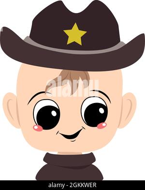 Avatar eines Kindes mit großen Augen und einem breiten Lächeln in einem Sheriffhut mit einem gelben Stern. Niedliches Kind mit einem fröhlichen Gesicht in einem Karnevalskostüm. Kopf von entzückenden Baby mit glücklichen Emotionen Stock Vektor