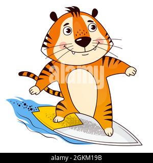 Cool Cartoon Surfer Tiger fängt die Welle. Symbol von 2022, Jahr des Tigers. Vektorgrafik. Stock Vektor