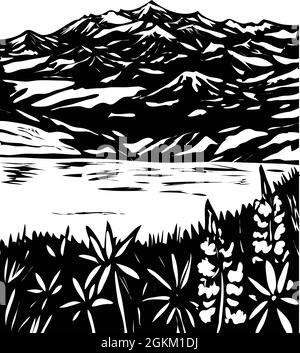 WPA-Poster monochrome Kunst des Wrangell und St Elias National Park im südlichen Zentrum von Alaska USA in Works-Projekt-Verwaltung schwarz-weiß getan Stock Vektor